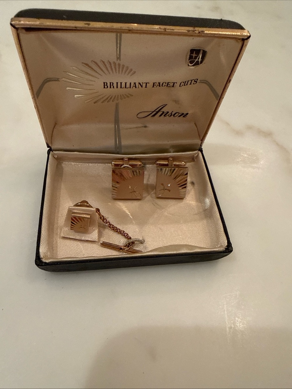 Vintage Brilliant facet cuts Anson Gold Tone Cufflink and tie back set